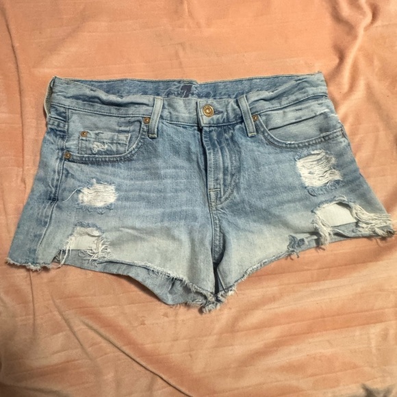 7 For All Mankind Light Blue Distressed Jean Shorts - Picture 1 of 5